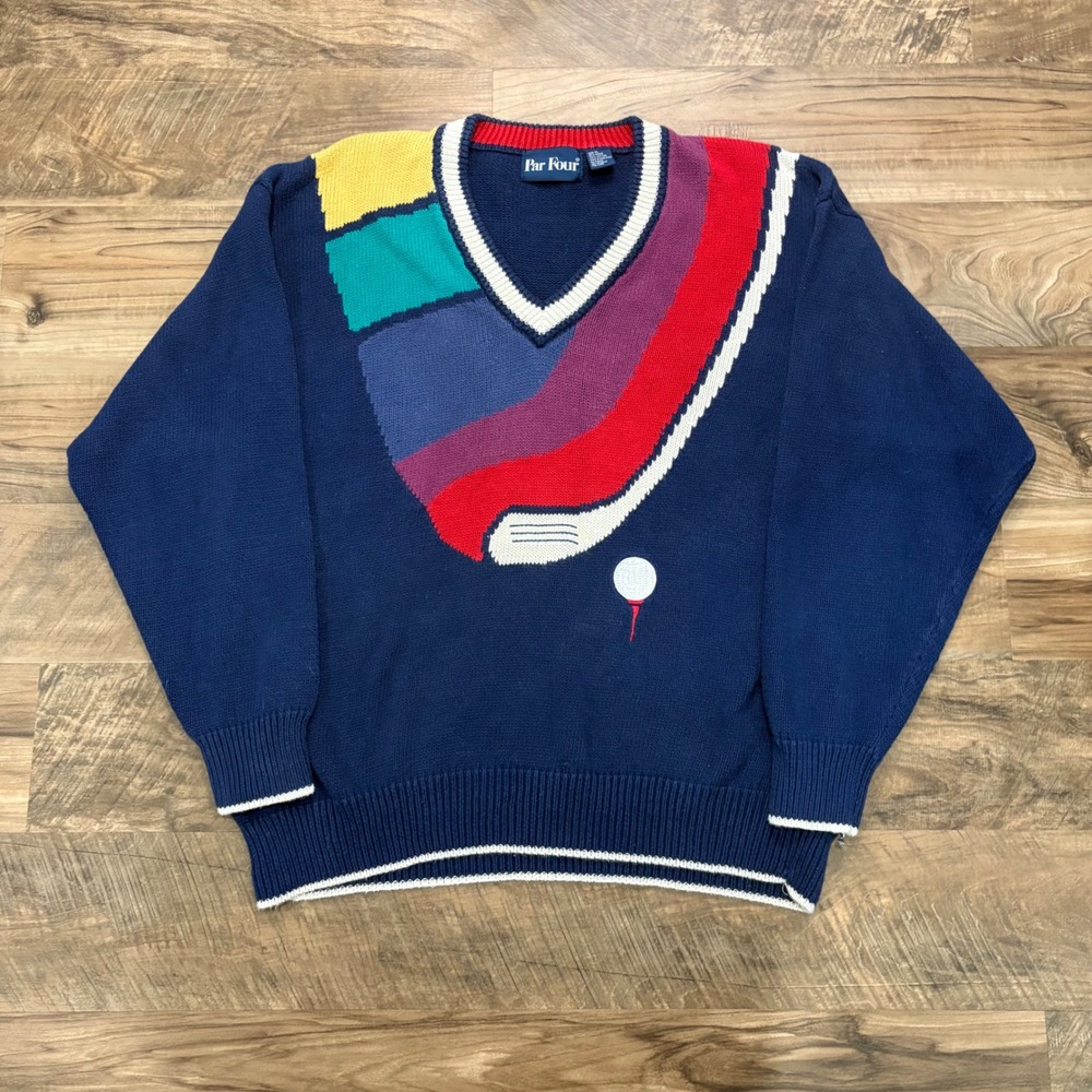 Vintage Y2K Par Four Sweater Mens XL Navy Blue Golf Club Intarsia V-Neck Knit